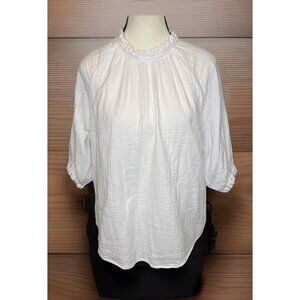 Sundays Womens White Cotton 3/4 Sleeve Ruffle Neck Blouse Top Sz 1 Coastal